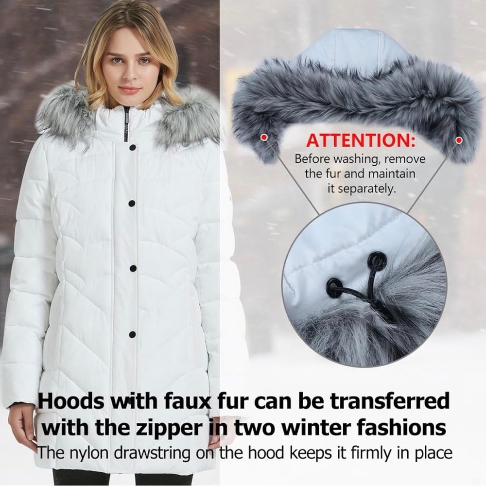 Women's Black Faux Fur Trim Hooded Puffer Coat - Picture 2 of 5